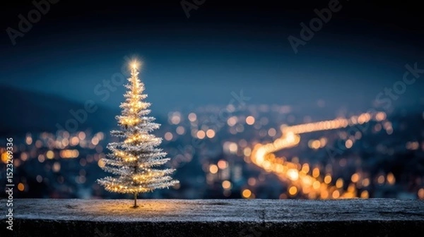 Fototapeta Small decorated Christmas tree on a ledge with a blurred city skyline background during daylight.