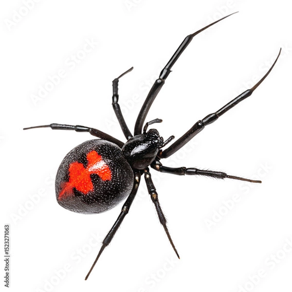 Fototapeta A close-up of a black widow spider, featuring a glossy black body and a distinctive red hourglass marking on its abdomen. The spider is positioned against a black background.
