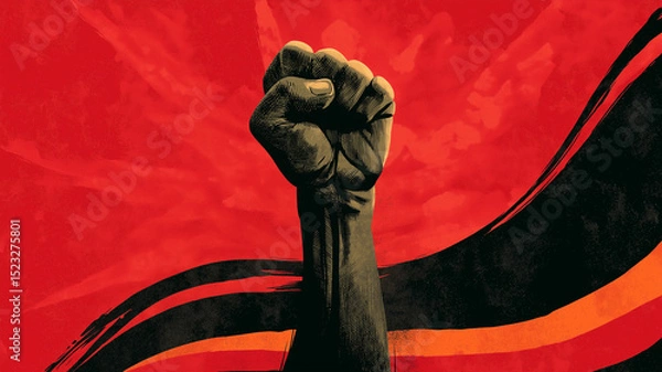 Fototapeta Red dramatic poster with raised fist and Juneteenth banner