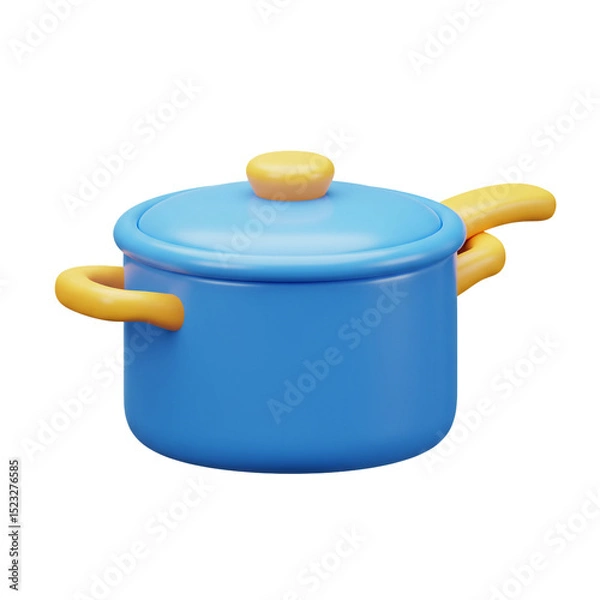 Fototapeta A 3D rendering of a blue cooking pot with yellow handles and lid isolated on white