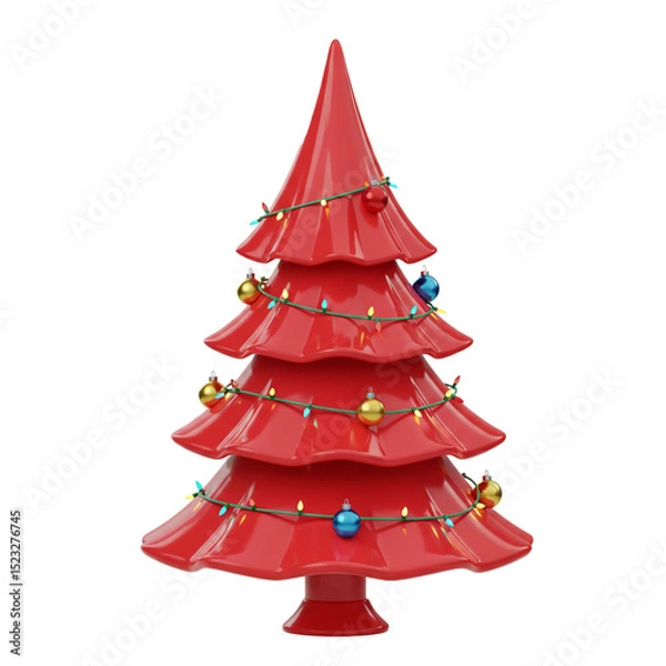 Fototapeta A Vibrant Red Christmas Tree Ornamented with Colorful Festive Decorations on White Background