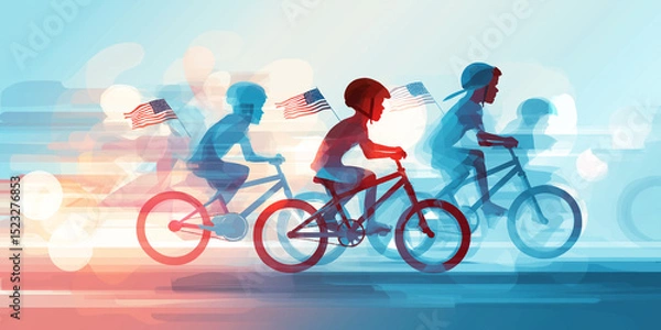 Fototapeta Playful scene of children cycling with flag-trimmed spokes and fluttering banners, soft pastel sky and energetic blur for a summertime feel