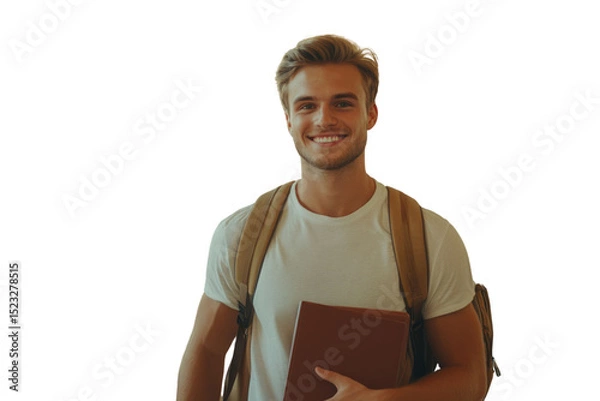 Obraz Handsome young confident college student. Smiling male student with backpack and books walking on campus indoors. Young man ready for classes or studying. Confident and happy college student. PNG