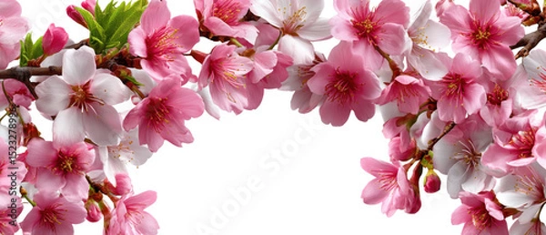 Fototapeta Cherry Blossoms in Bloom: Delicate cherry blossoms, with soft pink petals and a hint of white, create a romantic, floral cascade in a serene display of springtime beauty.
