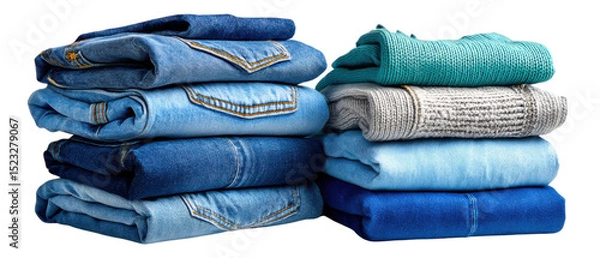 Fototapeta Neatly Stacked Jeans and Sweaters: Two stacks of folded clothing, one of blue jeans and one of blue and gray sweaters, sit side-by-side, showcasing textures and colors.