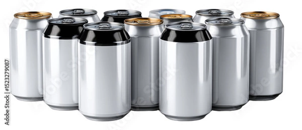 Fototapeta A cluster of Beverage Cans: A photorealistic display showcases a group of sleek, metallic beverage cans, symbolizing refreshment, social gatherings, and convenience.