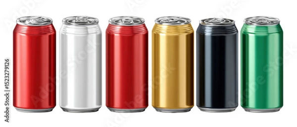 Fototapeta Assortment of Beverage Cans: A captivating array of vividly colored beverage cans, standing side-by-side, embodying themes of refreshment, choice, and modern design.