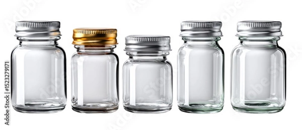 Fototapeta Clear Jar Display: An assortment of transparent glass jars with metal lids, meticulously arranged against a clean backdrop. It reflects the clear beauty and simplicity.
