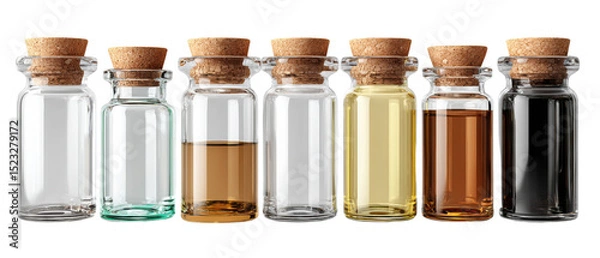 Fototapeta A Symphony of Essences: An artful arrangement of apothecary bottles, each containing a unique aromatic essence, displayed in a visually appealing composition.