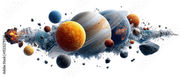 Fototapeta Colorful watercolor paint splashes create an abstract background with decorative round objects like Easter eggs, spheres, and planets