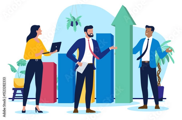 Obraz Business growth and success illustration showing professional team discussing strategy with increasing bar chart and arrow symbolising financial profit. Flat design vector illustration