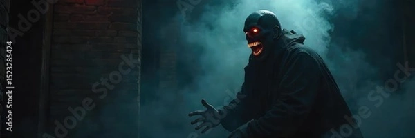 Fototapeta A shadowy figure cackles maniacally, a single spotlight illuminating their sinister grin amidst swirling darkness The scene is unsettling yet darkly humorous , skull, supernatural, black humor