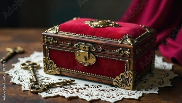 Obraz Elegant antique jewelry box rests on a velvet cushion, surrounded by vintage lace and antique keys, reflecting aristocratic heritage and old-world charm , cushion, craftsmanship
