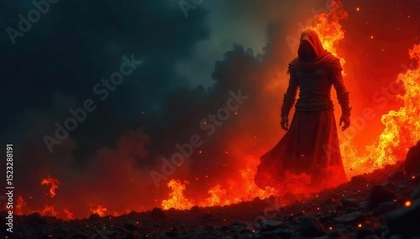 Obraz Fiery orange and red flames engulf a shadowy figure, creating an intense and powerful image Perfect for fantasy, mythology, or abstract art projects , smoke, warning, texture