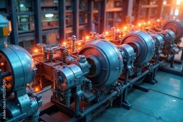 Fototapeta Gleaming new power plant components, freshly installed and awaiting connection Ready for energy generation and a bright future of clean power Modern, efficient technology , shiny, system
