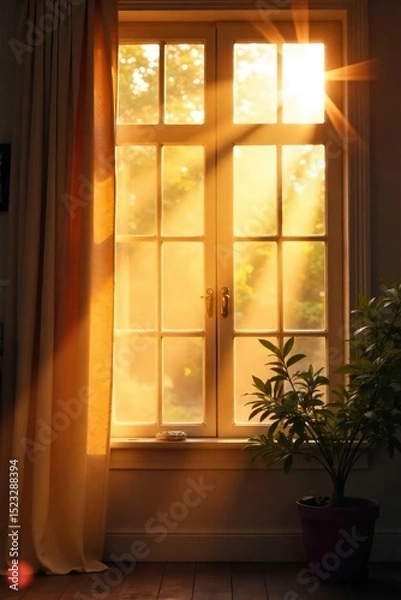 Obraz Golden hour sunlight streams through a window, illuminating dust motes dancing in the warm, lazy rays of a Sunday morning Perfect for peaceful, calming themes , natural, ambience
