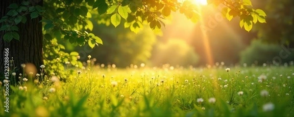 Obraz Golden sunlight streams through leaves onto a tranquil, sun-drenched meadow, evoking feelings of peace and warmth Perfect for summery, mindful themes , cheerful, mindfulness