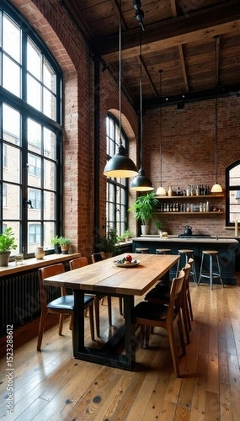 Obraz High-ceilinged loft dining room with exposed brick, large windows, and a rustic wooden dining table Industrial chic style, perfect for modern living , house, metal accents, apartment