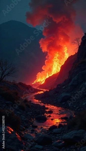 Obraz Intriguing, shadowy image of a fiery, smoldering landscape Heat shimmers in the air, secrets hidden in the glowing embers A mysterious, captivating scene of intense heat , desolate, embers