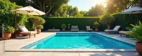 Obraz Inviting blue swimming pool shimmering under the summer sun, surrounded by lush greenery and sun-drenched patio furniture Perfect for relaxation and summer fun , backyard, plants