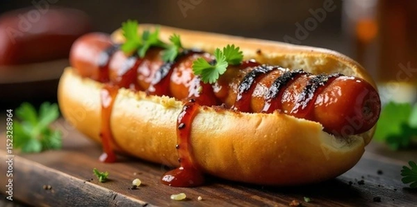 Obraz Juicy grilled hot dog on a bun, charred grill marks visible, glistening with barbecue sauce Perfect summer food, classic picnic item Delicious and appetizing close-up shot , barbecue, bun