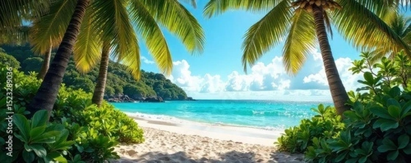 Obraz Lush tropical foliage thrives under the vibrant Miami Beach sun Ocean breezes rustle palm trees, creating a tranquil oasis Perfect for travel, vacation, and resort marketing , escape, sand