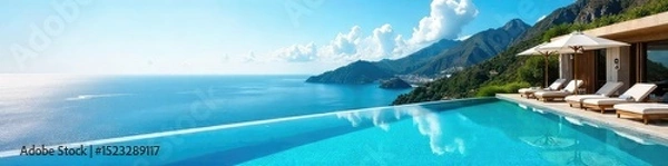 Obraz Luxury hotel with stunning blue-sky views from its rooftop infinity pool, offering breathtaking panoramic vistas and unparalleled relaxation Enjoy the ultimate getaway , dream, poolside, blue