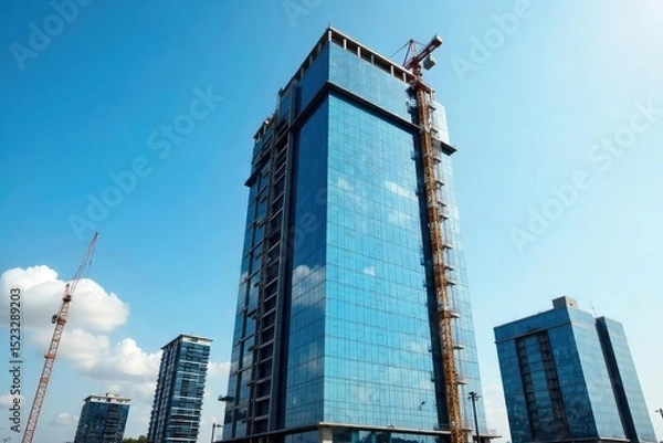 Obraz Modern glass and steel commercial building rising against a clear blue sky Construction site with cranes and scaffolding visible A successful business venture underway , highrise, cityscape, building