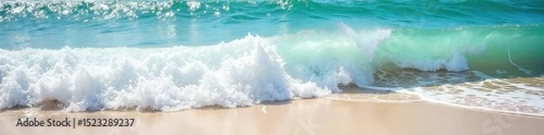 Obraz Ocean waves crashing on a sandy beach, sea foam, sunlight reflecting on water Dynamic coastal scene, perfect for travel, nature, and environmental themes , nature, sunlight, calmness