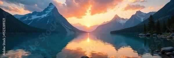 Obraz Panoramic vista of a dramatic mountain range, reflecting in a crystal-clear lake at sunset A stunning display of natural beauty perfect for travel and adventure themes , water, journey, hills