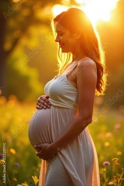 Obraz Radiant pregnant belly basking in warm sunlight on a beautiful summer's day Feel the joy and anticipation of new life blossoming under the golden rays , calm, hope, carefree