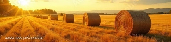 Obraz Rows of neatly stacked round hay bales in a sun-drenched ranch field, golden color, idyllic rural scene, perfect for agriculture or farming themes , agriculture, summer, dry grass
