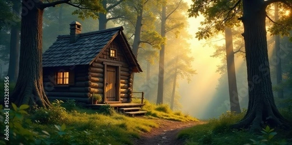 Obraz Rustic wooden forest hut nestled amongst towering trees, bathed in the soft light of dawn Perfect for fairytale, fantasy, and nature themes , woodland, log cabin, idyllic