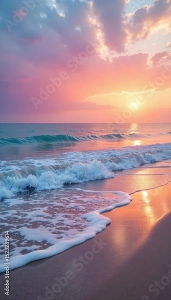 Obraz Serene beach background at sunset, featuring soft pastel colors, gentle waves lapping the shore, and a tranquil atmosphere Perfect for travel, vacation, or relaxation themes , shore, color