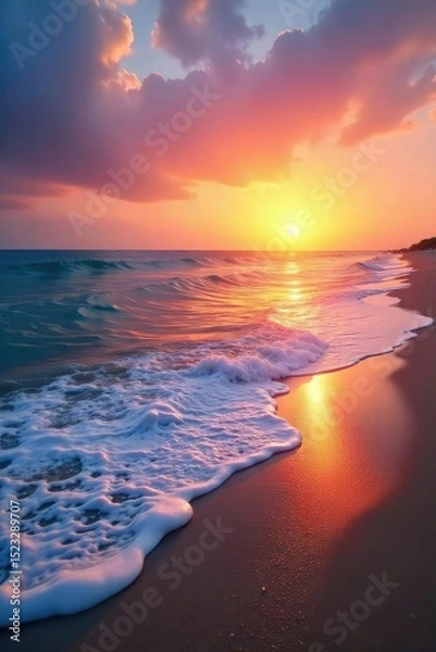 Obraz Serene beach scene at sunset, tranquil waves lapping the shore, peaceful sky Perfect for relaxation and well-being themes , stillness, summer, unwind