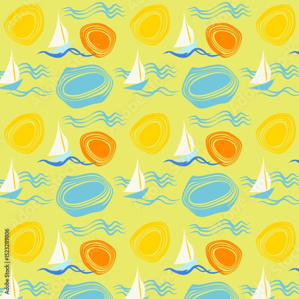 Fototapeta Seamless pattern with stylized sun, boat and waves.eps