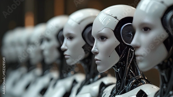 Obraz AI robots showing emotions. Ultra-realistic robot portraits. Emotional expressions in AI technology. Captivating AI art with feelings.