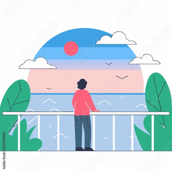 Fototapeta A man is standing on a balcony overlooking the ocean. The sky is blue and the sun is setting, creating a peaceful and serene atmosphere. The man is lost in thought