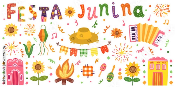 Fototapeta Festa Junina Vector Set with Text and Festive Graphics - Sunflower, Straw Hat, Bunting, Accordion, Corn, Brazilian Festival Illustrations
