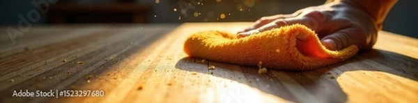 Fototapeta Close-up of a polishing cloth buffing a wooden surface to a high shine indoors, revealing the rich grain and texture Dust motes dance in the sunbeams illuminating the scene , gleam, craftsman
