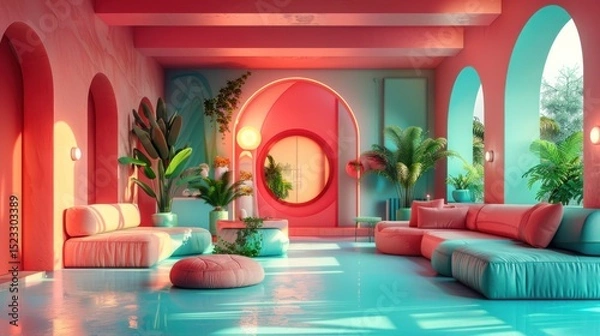 Obraz Vibrant, modern living room with tropical accents