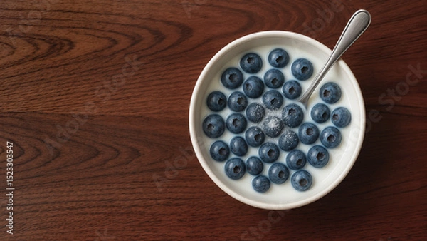 Obraz A bowl of blueberries in milk, sprinkled with sugar, arranged on a wooden table-top. Top-down photo. A light breakfast.