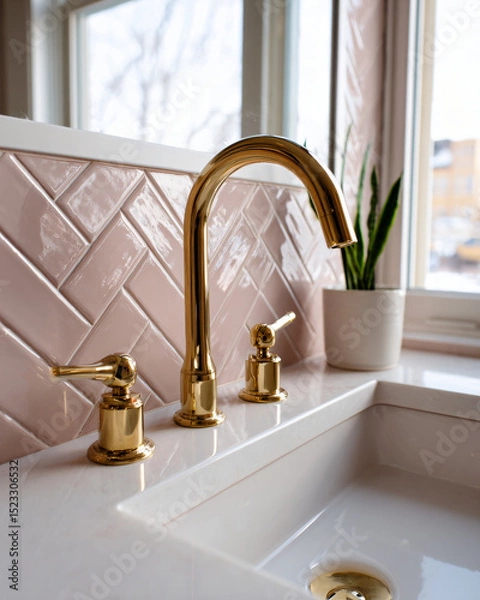 Fototapeta blush ceramic subway tiles arranged in herringbone pattern on bathroom wall, brass faucet fixtures
