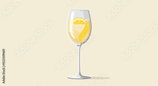 Fototapeta Single elegant wine glass with lemon wedge on rim, filled with pale yellow liquid