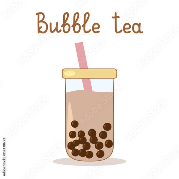 Fototapeta Bubble tea showing boba and pink straw in glass jar with yellow lid, with lettering