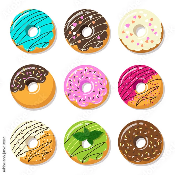 Obraz Donut vector set isolated on a white background in a modern flat style.Isolated illustration, sweet sugar donuts.