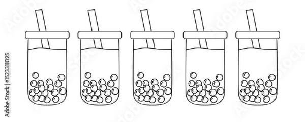 Fototapeta Five cups of refreshing bubble tea showing tapioca pearls and straws, outline for coloring book