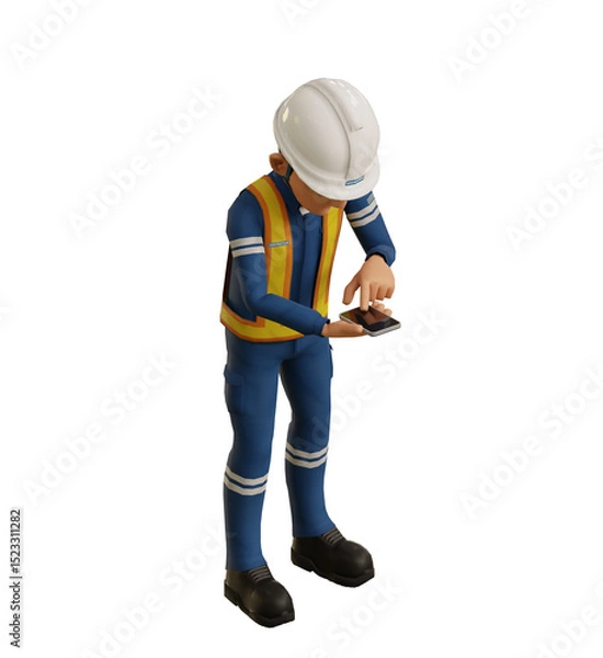 Fototapeta Isolate industrial worker is using the mobile phone  to taking a photo on transparent back ground