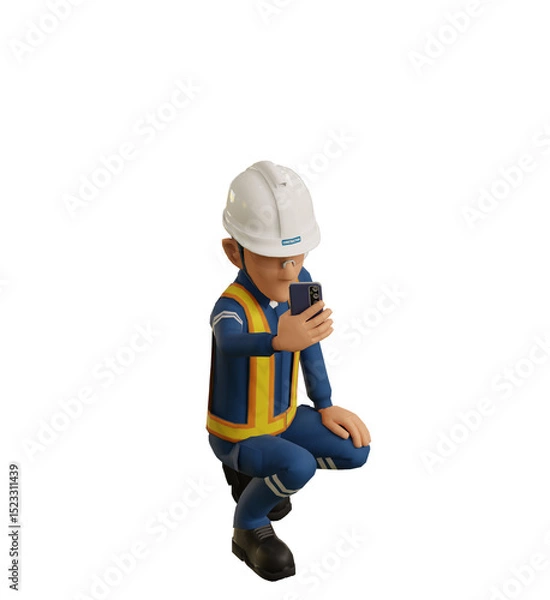 Fototapeta Isolate industrial worker is using the mobile phone  to taking a photo on transparent back ground