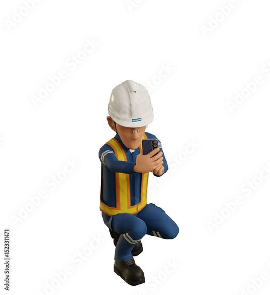 Fototapeta Isolate industrial worker is using the mobile phone  to taking a photo on transparent back ground